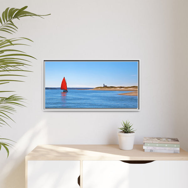 Red Sail Catboat Framed Gallery Canvas Sailing by Sandy Neck Lighthouse Cape Cod Barnstable Harbor