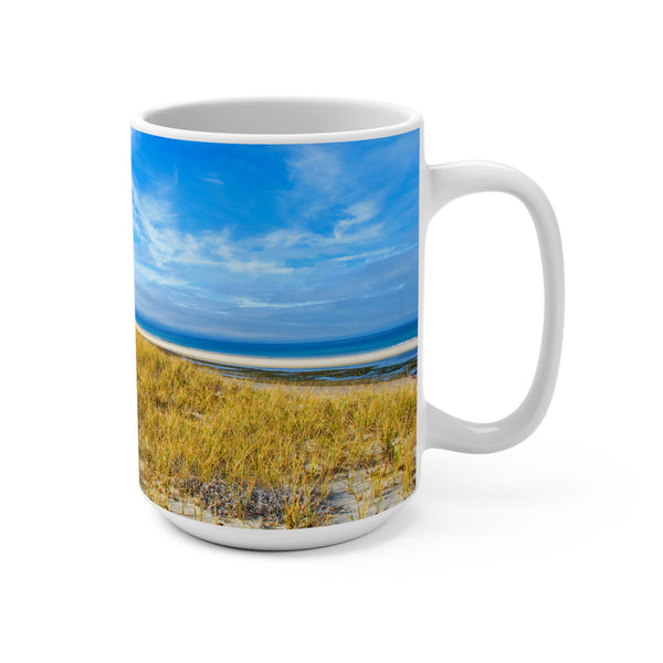 Serene Coastal Scene Mug - 15oz with Beautiful Beach and Dune Grass Landscape