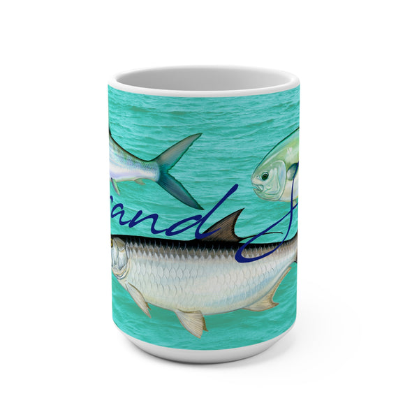 Grand Slam Fish Art Coffee Mug 15oz Great Gift for Fly Fishermen and Flats Fishing Fans featuring a Tarpon, Permit, and Bonefish