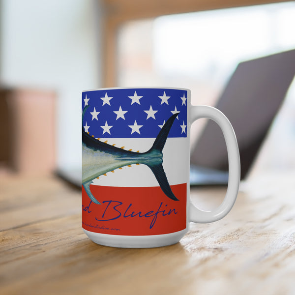 Red White and Bluefin Patriotic Fish Coffee Mug 15oz for American Fishing Fans American Flag, Great Gift for 4th of July Celebration