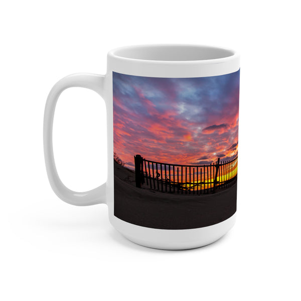 Sunset Serenity 15oz Mug - Nature-Inspired Coffee Cup for Relaxation with Beach Fence and Sand Dunes