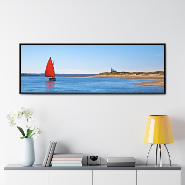 Red Sail Catboat Framed Gallery Canvas Sailing by Sandy Neck Lighthouse Cape Cod Barnstable Harbor