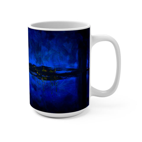 Blue Harbor at Night Coffee Mug 15oz Deep Dark Blue Twilight Seaside Town Painting