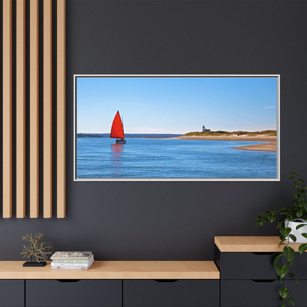 Red Sail Catboat Framed Gallery Canvas Sailing by Sandy Neck Lighthouse Cape Cod Barnstable Harbor