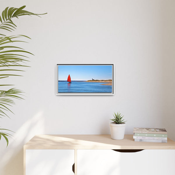 Red Sail Catboat Framed Gallery Canvas Sailing by Sandy Neck Lighthouse Cape Cod Barnstable Harbor