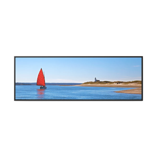 Red Sail Catboat Framed Gallery Canvas Sailing by Sandy Neck Lighthouse Cape Cod Barnstable Harbor