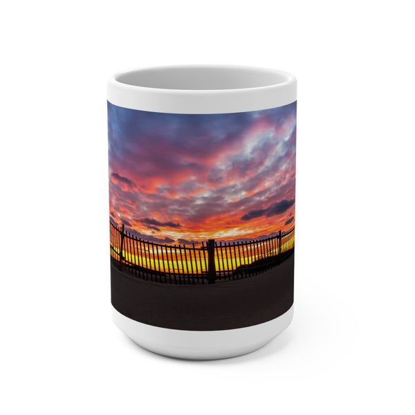 Sunset Serenity 15oz Mug - Nature-Inspired Coffee Cup for Relaxation with Beach Fence and Sand Dunes