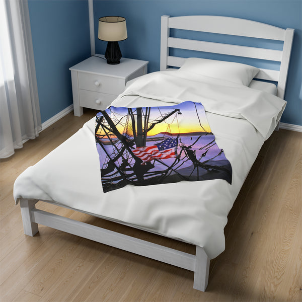 Patriotic Wellfleet Harbor Fisherman at Sunset Velveteen Plush Blanket