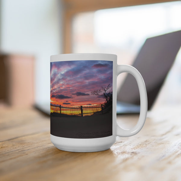 Sunset Serenity 15oz Mug - Nature-Inspired Coffee Cup for Relaxation with Beach Fence and Sand Dunes