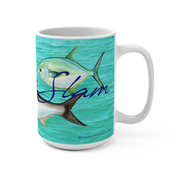 Grand Slam Fish Art Coffee Mug 15oz Great Gift for Fly Fishermen and Flats Fishing Fans featuring a Tarpon, Permit, and Bonefish