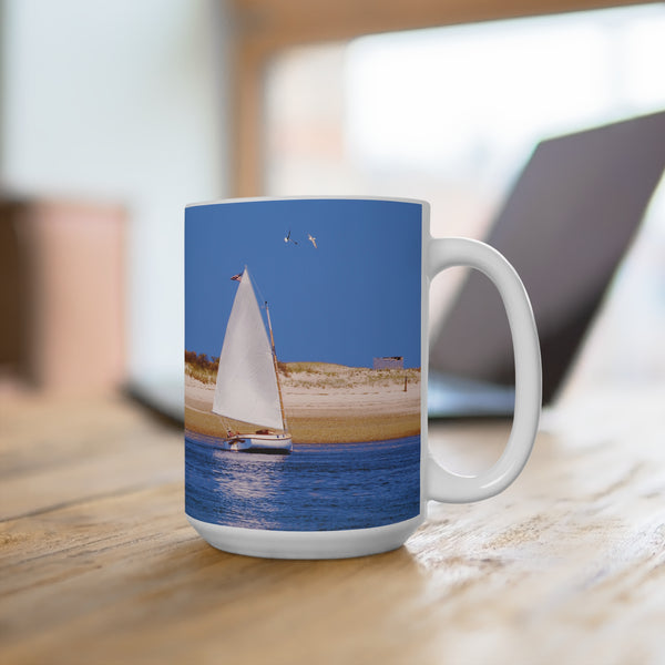 Sandy Neck Lighthouse Catboat Mug 15oz Sailing by the Sand Dunes in Barnstable Harbor