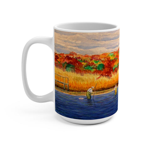 Oystering and Clamming Coffee Mug 15oz Shellfishing in the Fall featuring Clammers with colorful foliage overlooking the harbor