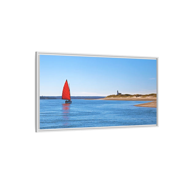 Red Sail Catboat Framed Gallery Canvas Sailing by Sandy Neck Lighthouse Cape Cod Barnstable Harbor