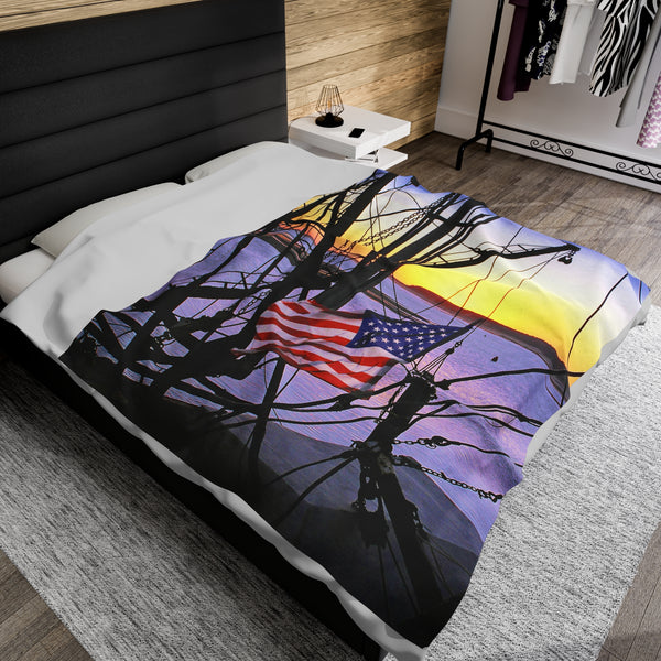 Patriotic Wellfleet Harbor Fisherman at Sunset Velveteen Plush Blanket