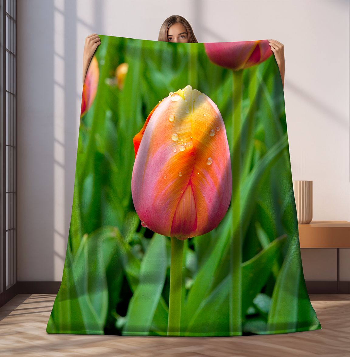 Morning Dew Tulip Garden Velveteen Plush Blanket