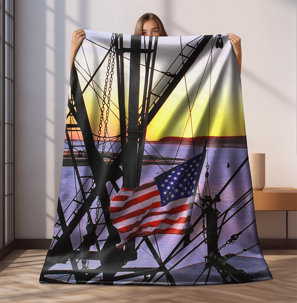 Patriotic Wellfleet Harbor Fisherman at Sunset Velveteen Plush Blanket