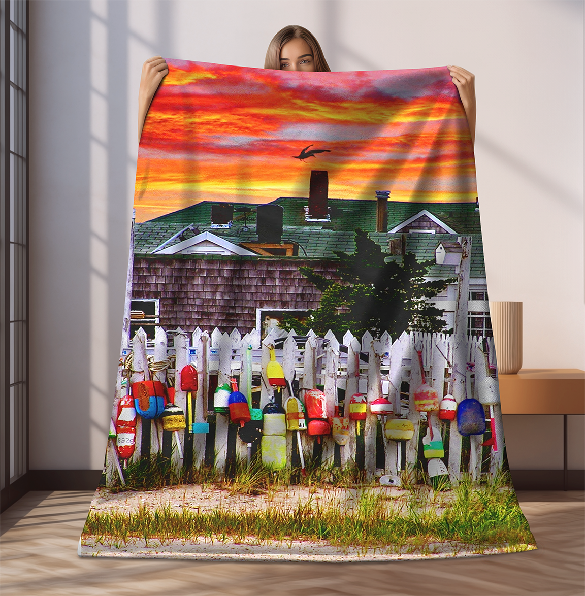 Sandy Neck Cottages Sunset Buoy Fence at the Beach Velveteen Plush Blanket